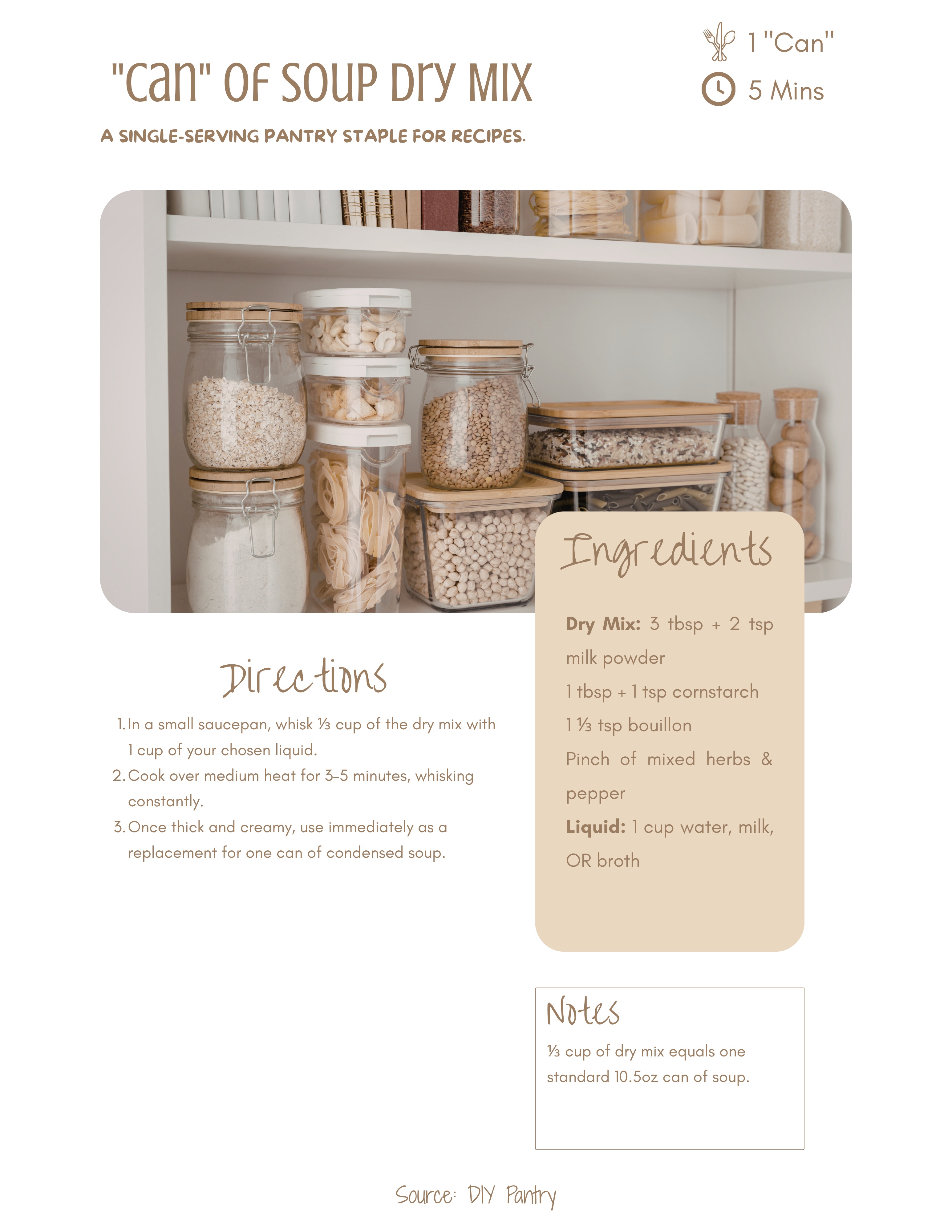 A glass jar of fine, pale dry soup mix powder for homemade cream-of soup base, sealed with a wooden lid.