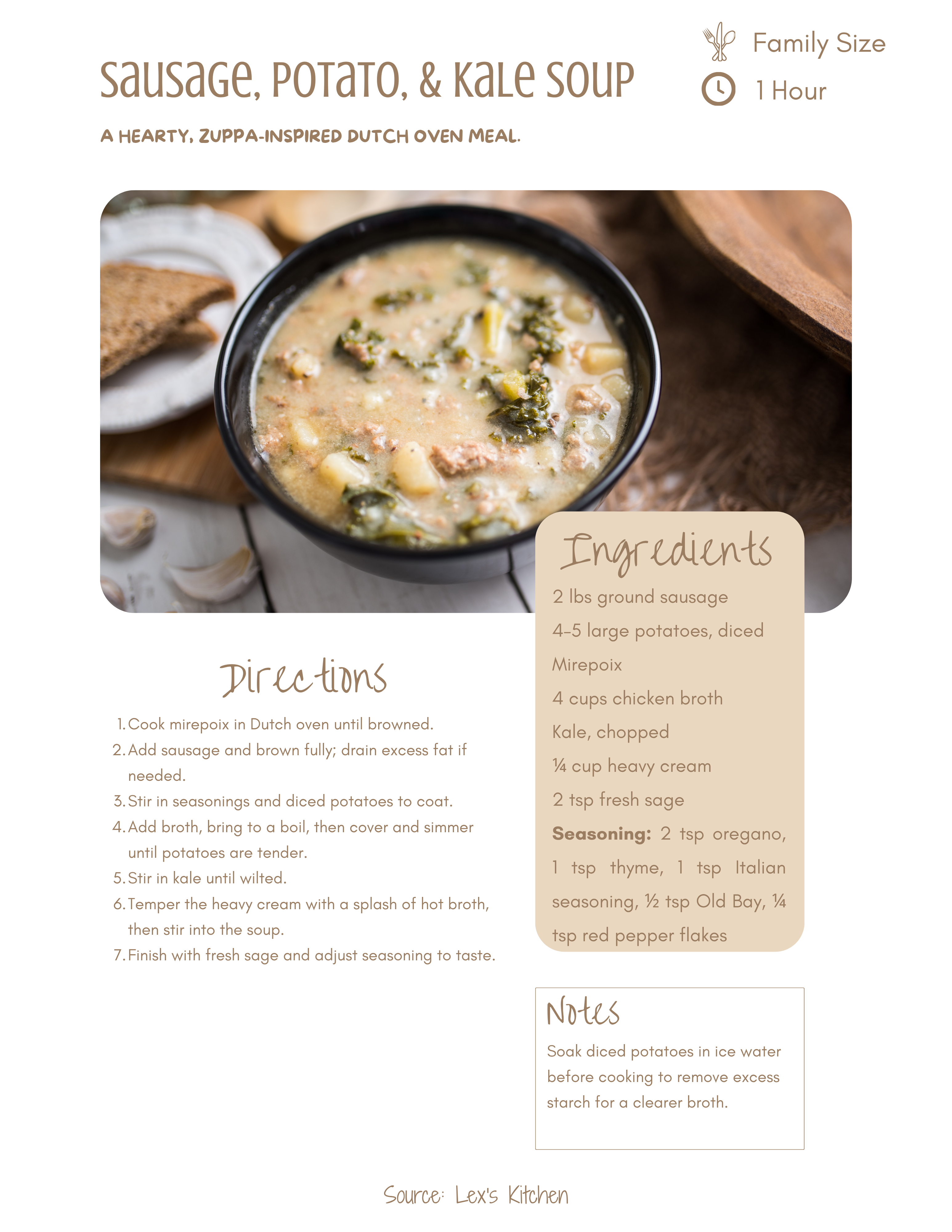A pot of creamy sausage and potato soup with bright green kale ribbons, served in a stoneware bowl.